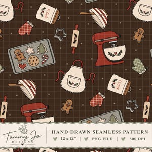May include: A seamless digital pattern featuring baking illustrations on a dark brown grid background. Elements include red stand mixers, cream-colored flour canisters, aprons, oven mitts, rolling pins, cookie sheets, and gingerbread cookies.