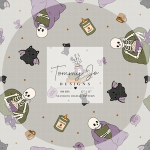 May include: A seamless digital pattern featuring skeletons wrapped in purple blankets, skeletons eating popcorn, black bats, pumpkin night candles, and mugs. The center text reads Tommy Jo DESIGNS 300 DPI 12" x 12" SEAMLESS DIGITAL PATTERN. The background is light gray with small orange dots.