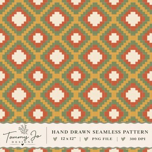 Op de afbeelding: Een digitaal naadloos patroon met een herhalend geometrisch ruitontwerp in tinten oranje, groen, geel en crème. De onderste banner toont de tekst Tommy Jo DESIGNS, HAND DRAWN SEAMLESS PATTERN, 12 x 12, PNG FILE en 300 DPI.