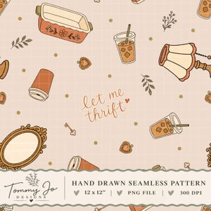 Puede incluir: Un patrón continuo con ilustraciones dibujadas a mano de una fuente para horno, vasos de café helado, una lámpara de mesa, un espejo, llaves y dijes en forma de corazón sobre un fondo de cuadrícula. El texto let me thrift está centrado.