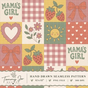 Mama’s Girl Patchwork | Girly Seamless Pattern | Strawberry Gingham Floral PNG