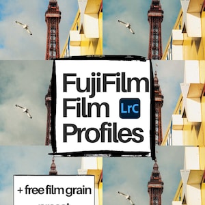 Op de afbeelding: Een digitale kunstcollage met een rood-bruine toren, geel-witte geometrische structuren, zeemeeuwen en de tekst "FujiFilm Film Profiles + free film grain preset". De lucht is lichtblauw.