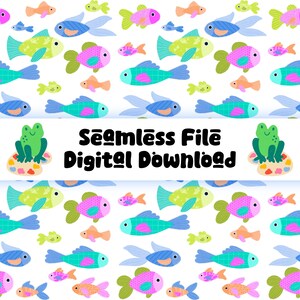 May include: A seamless pattern featuring colorful cartoon fish in shades of blue, green, pink, and orange. The design includes various sizes of fish, creating a playful and vibrant aesthetic. The text "Seamless File Digital Download" is also included.