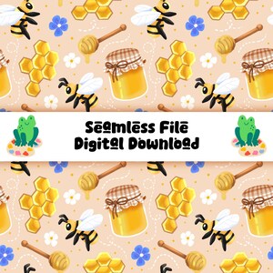 May include: A seamless pattern with bees, honeycombs, honey jars, and honey dippers on a light peach backdrop. The design includes blue and white flowers, with the text "Seamless File Digital Download" in black.