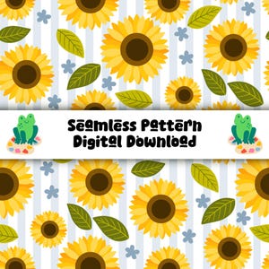 Könnte beinhalten: Ein nahtloses Muster als digitaler Download mit gelben Sonnenblumen, grünen Blättern und kleinen hellblauen Blumen auf einem weiß-hellblau vertikal gestreiften Hintergrund. Ein weißes Banner zeigt den Text Seamless Pattern Digital Download.