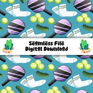 May include: A seamless digital download pattern featuring pickleball paddles, balls, pickles, and socks with the word "PICKLE" on them. The pattern also includes a green frog on a colorful cloud. The text "Seamless File Digital Download" is also present.