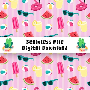 Puede incluir: Patrón sin costuras con ilustraciones de verano. El diseño presenta helados rosas, rodajas de sandía, gafas de sol, pelotas de playa, limonada y flotadores de flamenco sobre un fondo de rayas rosas. Se muestra el texto "Seamless File Digital Download".