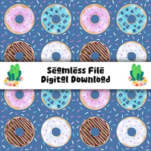 Pode incluir: Um padrão digital sem costuras apresentando vários donuts com cobertura rosa, azul e de chocolate num fundo azul escuro com granulado. Uma faixa branca horizontal no centro exibe o texto Seamless File Digital Download.