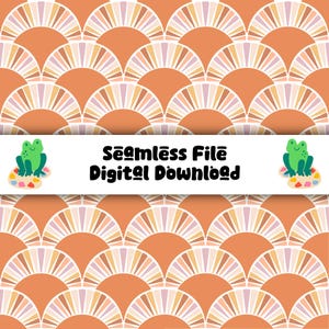 Pode incluir: Um arquivo digital contínuo com um padrão repetitivo de formas de leque laranja, bege e branco. O design inclui uma faixa com o texto "Seamless File Digital Download" e um sapo de desenho animado.