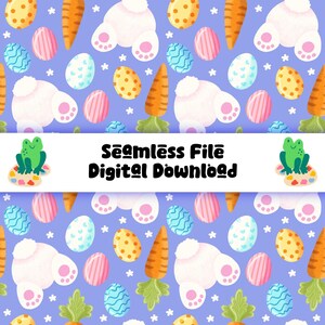 May include: A seamless digital download file featuring a repeating pattern of Easter elements. The design includes white bunny bottoms, orange carrots, and colorful Easter eggs on a light purple background. The text "Seamless File Digital Download" is also included.
