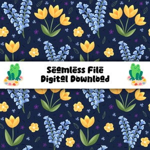 May include: A seamless digital download pattern with yellow tulips, bluebell-style flowers, and small yellow flowers on a dark blue backdrop. A green frog sits on a colourful cloud. The text "Seamless File Digital Download" is displayed across the image.