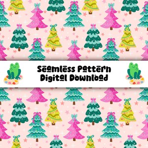 Christmas Trees Seamless Pattern | Procreate + PNG Tile | Fabric, Wallpaper, Scrapbooking | Holiday, Pink