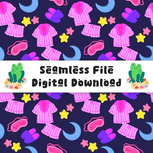 May include: A seamless pattern featuring pink pajamas, stars, moons, and eye masks on a dark blue background. The text "Seamless File Digital Download" is displayed in the center of the image.