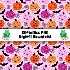 May include: A seamless digital pattern featuring orange, pink, and light pink jack-o'-lanterns, black bats, purple spiderwebs, and small orange stars on a light pink background. A white horizontal banner displays the text Seamless File Digital Download.