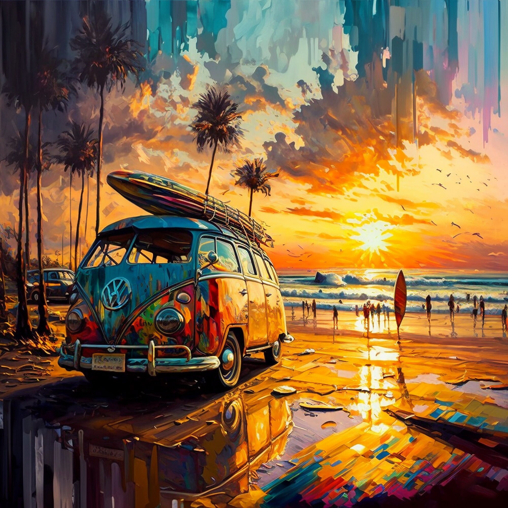 Retro VW Camper Van Canvas or Poster Print Beach Sunset Etsy