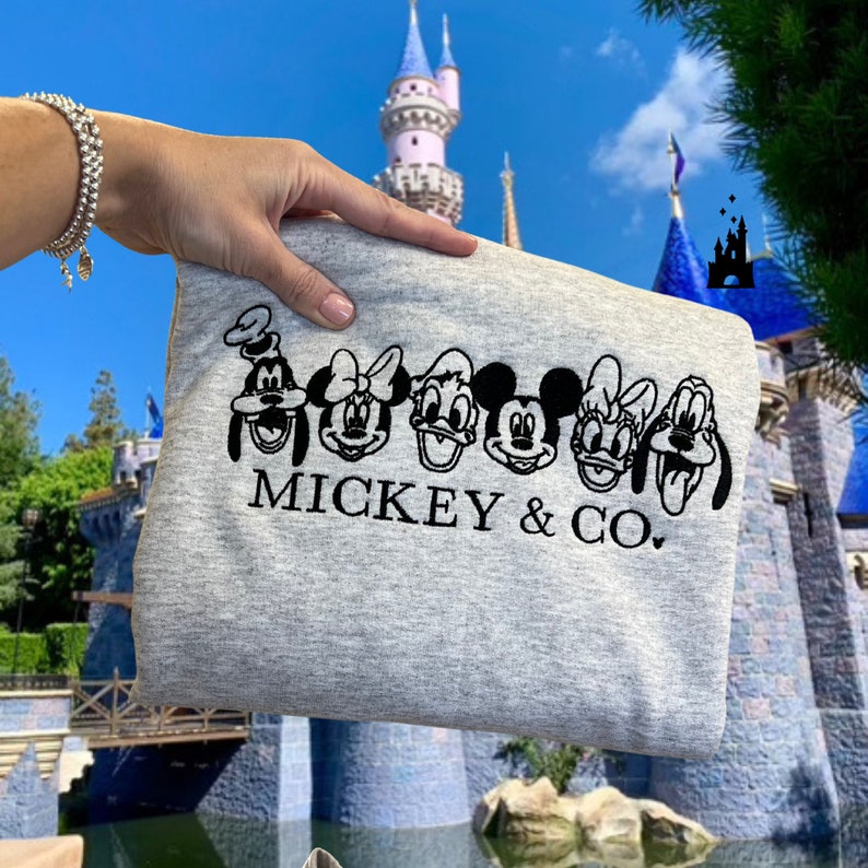 May include: A gray t-shirt with a black embroidered design of Mickey Mouse, Minnie Mouse, Donald Duck, Goofy, Pluto, and Daisy Duck. The text "MICKEY & CO." is embroidered below the characters.