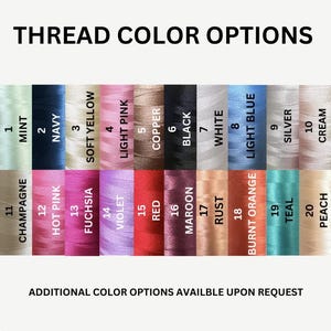 May include: A chart of 20 different thread colors with their corresponding numbers. The colors include mint, navy, soft yellow, light pink, copper, black, white, light blue, silver, cream, champagne, hot pink, fuchsia, violet, red, maroon, rust, burnt orange, teal, and peach.