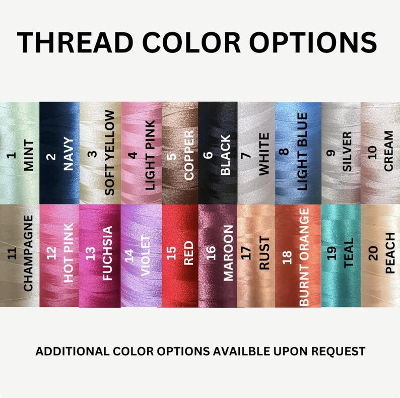 May include: A chart of 20 different thread colors with their corresponding numbers. The colors include mint, navy, soft yellow, light pink, copper, black, white, light blue, silver, cream, champagne, hot pink, fuchsia, violet, red, maroon, rust, burnt orange, teal, and peach.