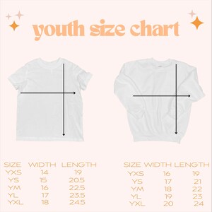 May include: Youth size chart for t-shirts and sweatshirts. The chart shows the width and length measurements in inches for sizes YXS, YS, YM, YL, and YXL.