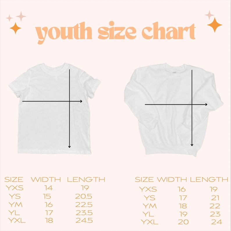 May include: Youth size chart for t-shirts and sweatshirts. The chart shows the width and length measurements in inches for sizes YXS, YS, YM, YL, and YXL.