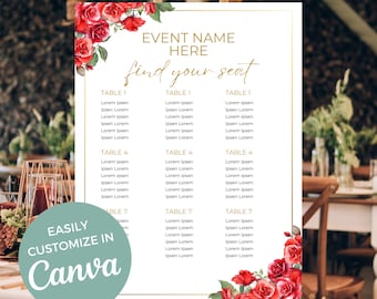 Wedding Shower Chart Template: Floral Rose Seating Poster (Canva Instant Download)