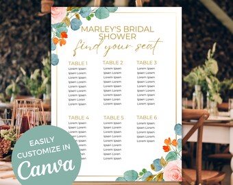 Greenery Bridal Shower Wedding Seating Chart Template (Canva Download)