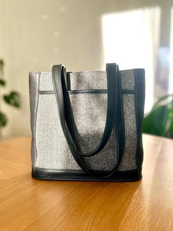 Vintage COACH Bleeker Tote Bag | Black Tweed Leather Work Shoulder 