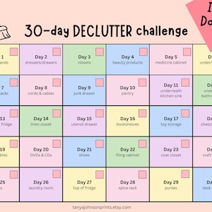 May include: A pink and green printable 30-day declutter challenge checklist with a broom icon at the top. The checklist is divided into 30 squares, each with a day number and a decluttering task. For example, Day 1 is nightstands, Day 2 is dressers/drawers, Day 3 is closets, and so on.