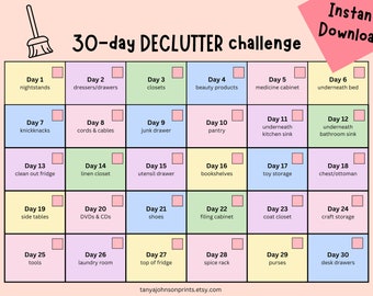 Peut inclure: Une liste de contrôle imprimable de 30 jours pour le désencombrement, de couleur rose et verte, avec une icône de balai en haut. La liste est divisée en 30 cases, chacune avec un numéro de jour et une tâche de désencombrement. Par exemple, le jour 1 est les tables de chevet, le jour 2 est les commodes/tiroirs, le jour 3 est les placards, etc.