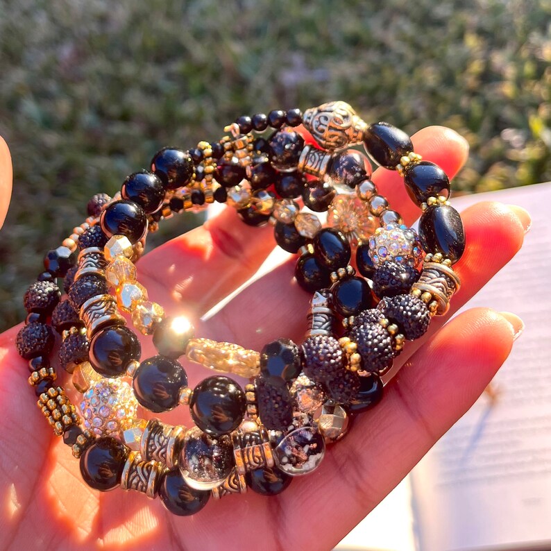 Black and Gold Beaded Wire Coil Bracelet, Beaded Wire Cuff, Beaded