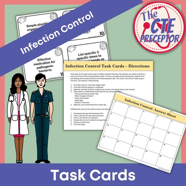 Infection Control, Task Cards, Flashcards, Health Science, Review, Study