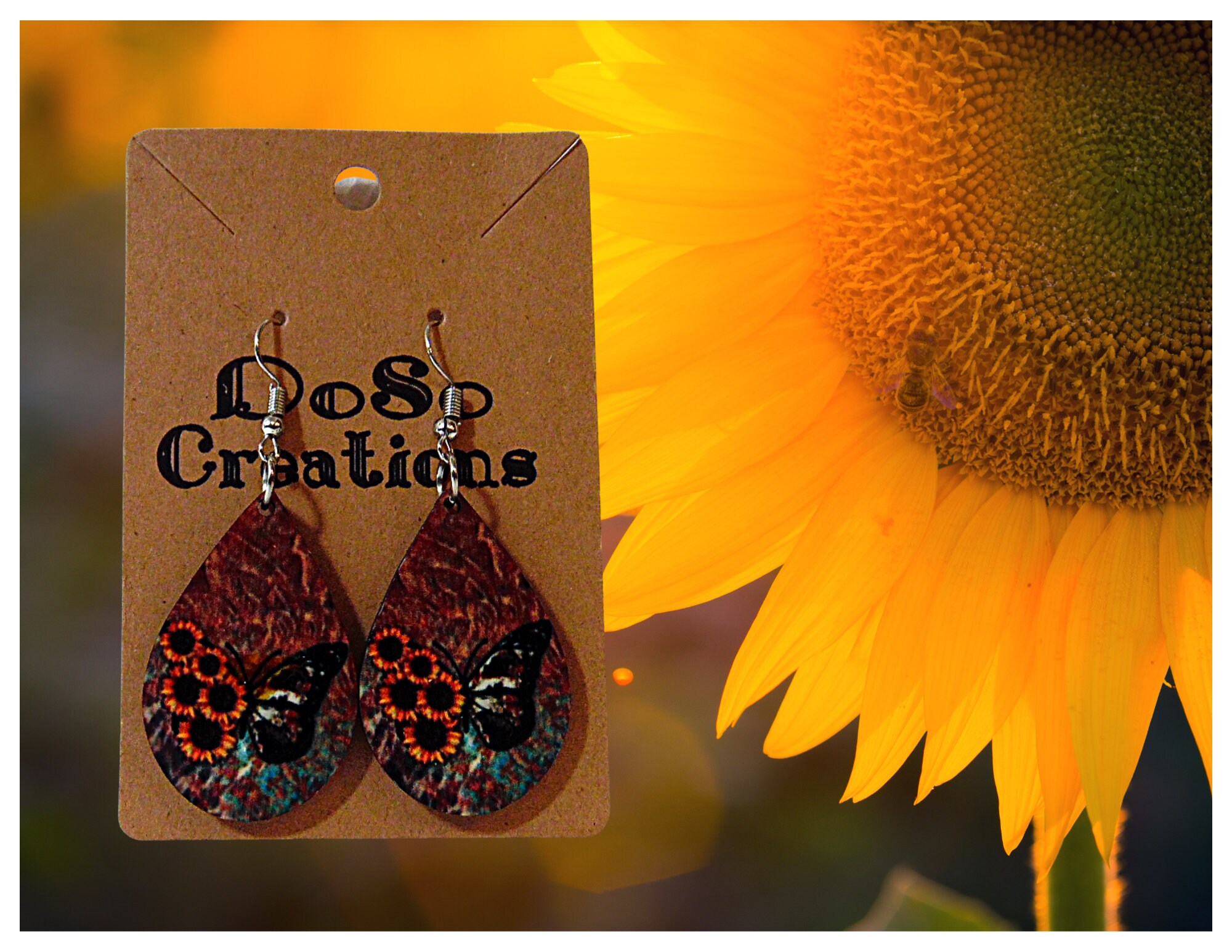 Earrings Sublimation Teardrop earring Butterfly and Sunflower