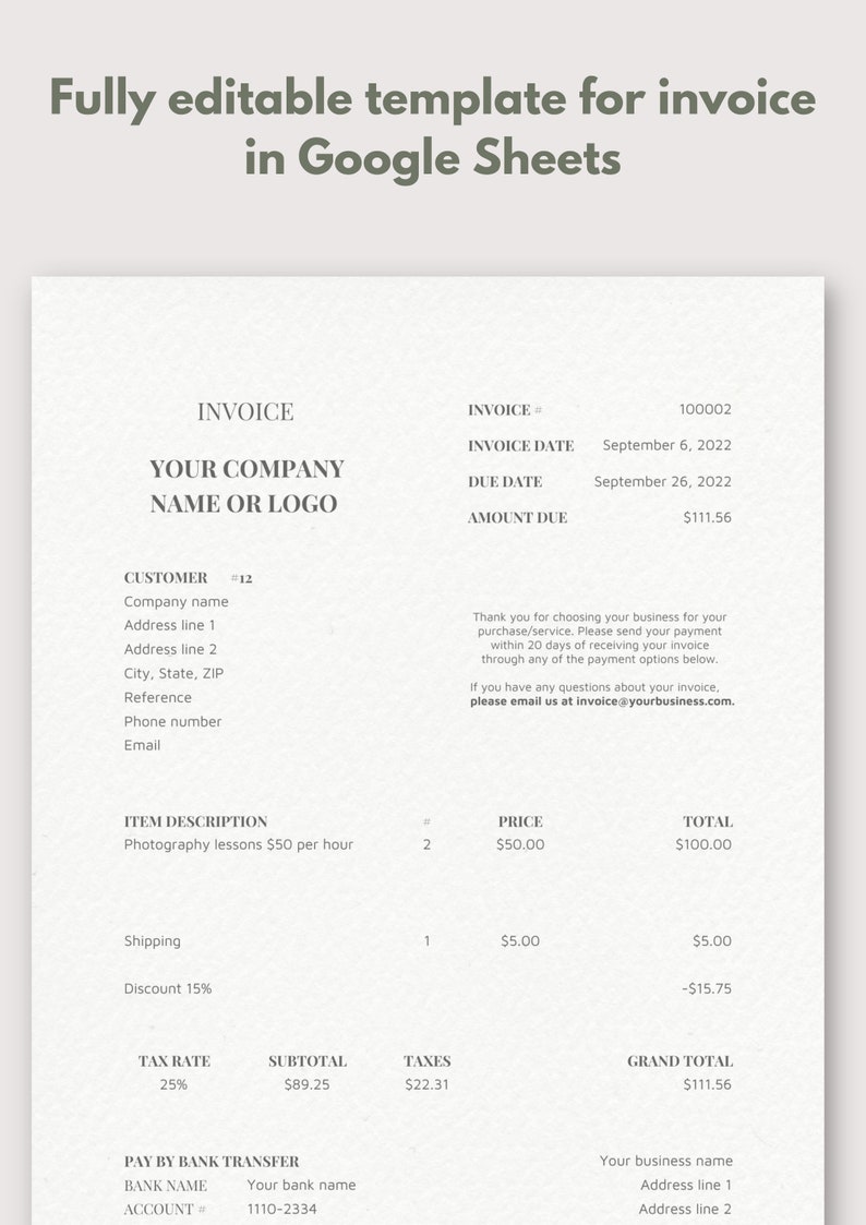 Invoice Template Google Sheets Freelance Invoice Printable Etsy