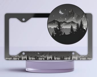 Nature License Plate Frame - Mountain Trees and Wildlife Nature Theme, Stars and Moon Design, Gift for Nature Lover, Mountains and Stars Car