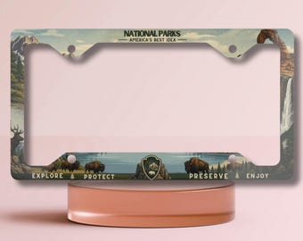 Nummerplaatlijst nationale parken | Vintage Wilderness-autokaarthouder | Ontdekken Protect Preserve-autoaccessoire | Cadeau Camper Jeep Bronco