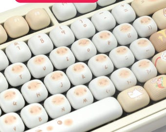 140 Keys Beige & White Keycap Set | MOG Profile PBT Keycaps | Cute Cat Theme | Christmas Gift for Gamers | Mechanical Keyboard