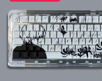 Anime PBT Keycap Set – 130 Key Cherry Profile Mechanical Keyboard Caps in Black and White Design