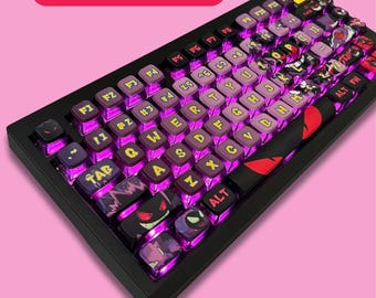 Juego de teclas Ghost moradas y rojas de 124 teclas | Teclas PBT con perfil MDA | Teclas personalizadas para teclado mecánico | Compatible con interruptores MX | Teclas para gamers