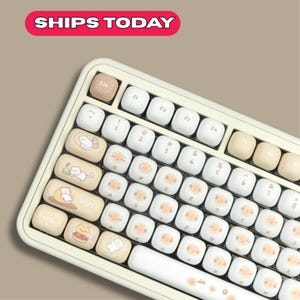Pode incluir: Teclado mecânico creme com teclas brancas e bege. As teclas apresentam ilustrações de gatos de desenhos animados e texto. O teclado tem formato retangular e uma moldura branca. O texto "SHIPS TODAY" está na parte superior da imagem.