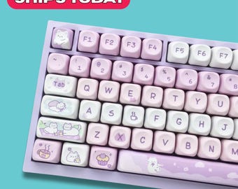 95 Keys Purple Cat Cloud Keycap Set | Cute Pastel Kawaii Keycaps | Custom PBT For Mechanical Keyboard | MX Switch | Paw Theme | MOA Profile