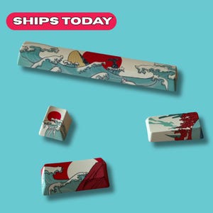 4 Key Great Wave Japanese Art Keycaps Set | Spacebar + 3 Artisan Keys | Ocean PBT Keycap Set | Kanagawa Design | For Mechanical Keyboards
