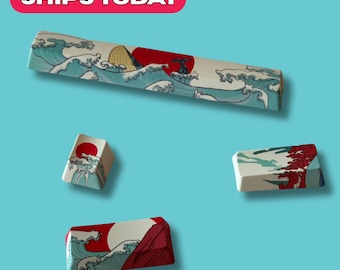 Set di 4 tasti Great Wave Japanese Art | Barra spaziatrice + 3 tasti Artisan | Set di tasti Ocean PBT | Kanagawa Design | Per tastiere meccaniche