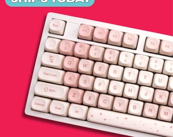 Juego de teclas de 144 teclas con diseño de fresa y leche de vaca | Teclas con flores rosa pastel | Diseño minimalista y kawaii | Compatible con teclados mecánicos MX | Perfiles MOA
