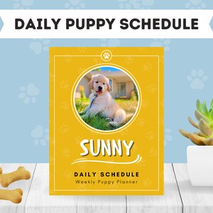 May include: A yellow "Daily Puppy Schedule" planner with a photo of a golden retriever puppy named "Sunny." The planner includes paw print accents and bone-shaped dog treats.
