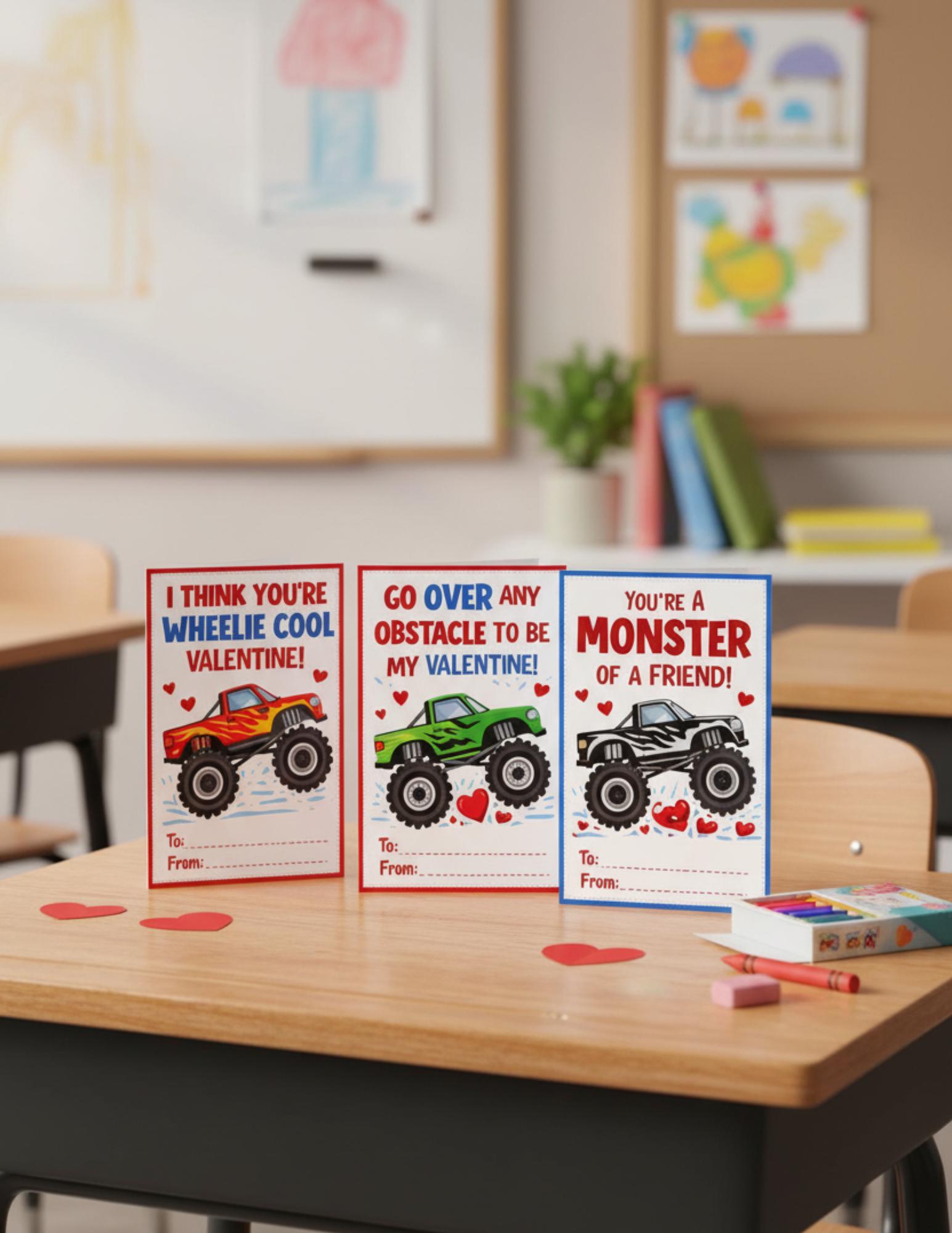 Monster Truck Valentine Cards for Kids, Printable Valentine’s Day Cards ...