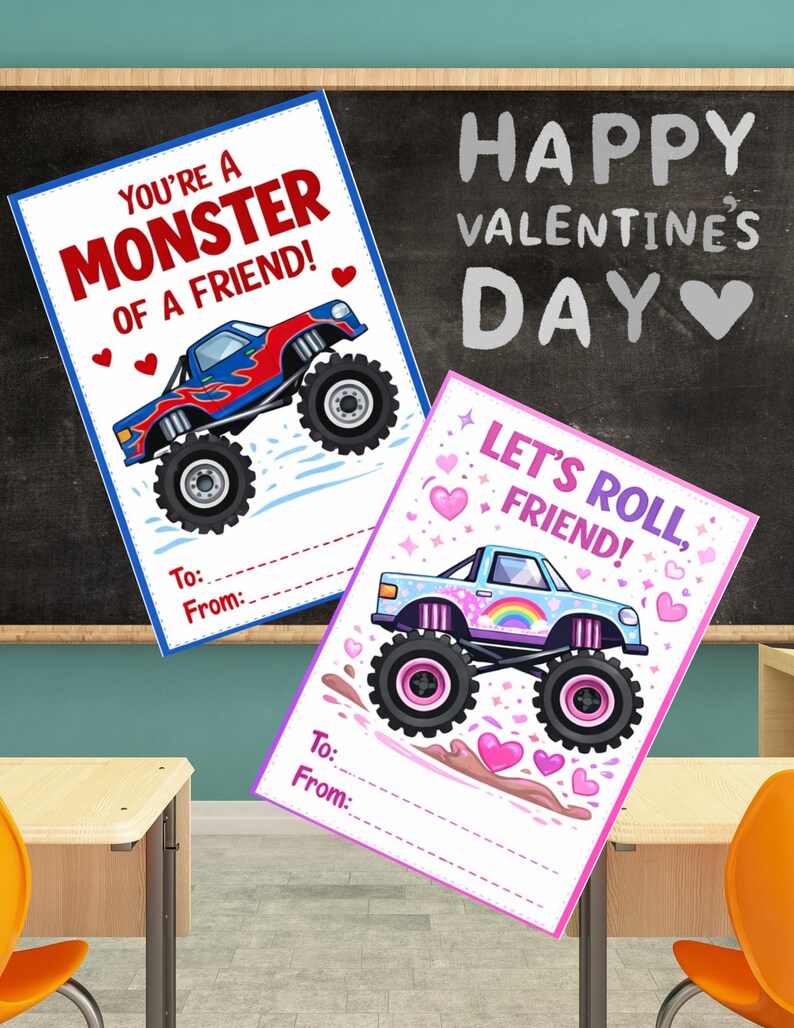 Monster Truck Valentine Cards for Kids, Printable Valentine’s Day Cards ...