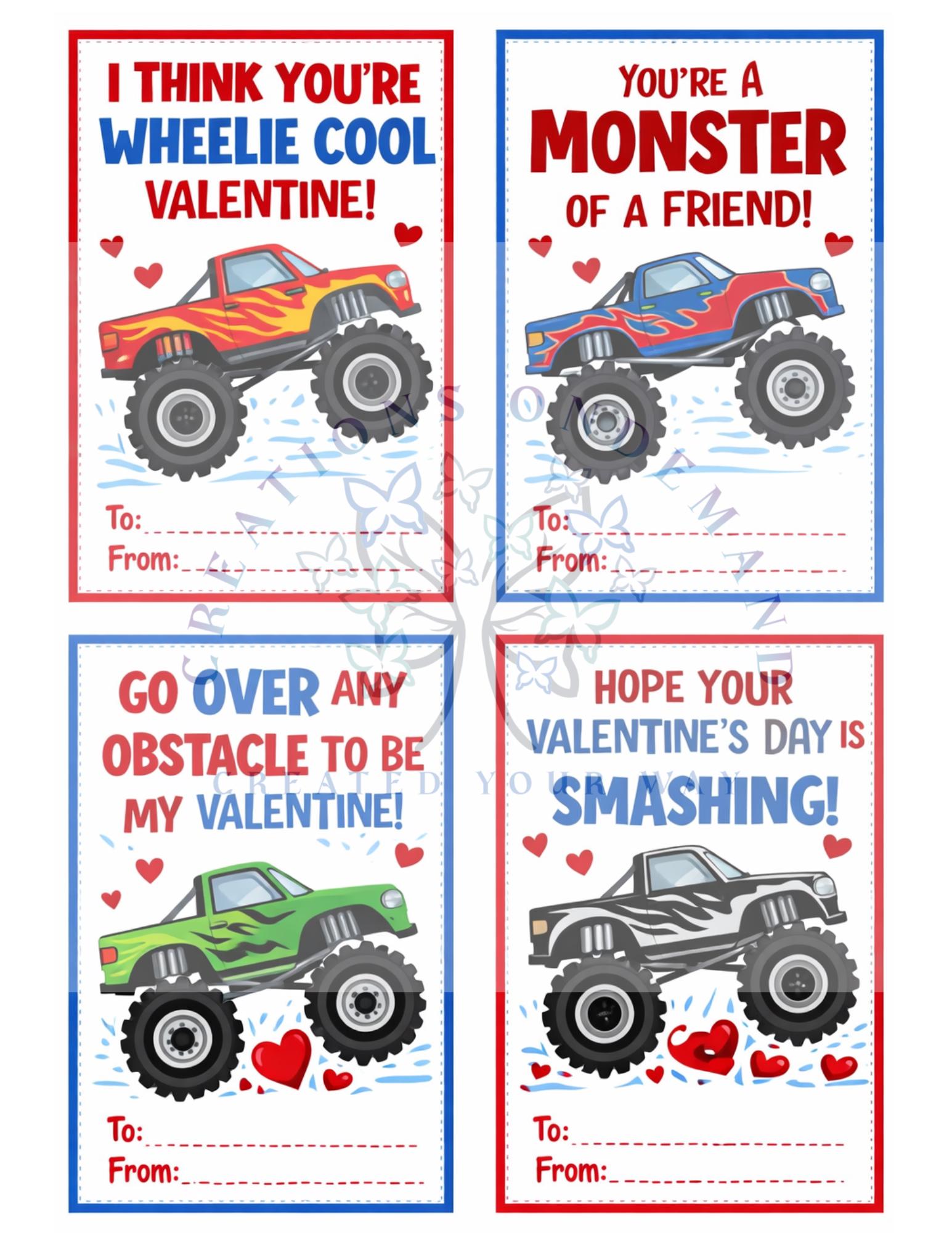 Monster Truck Valentine Cards for Kids, Printable Valentine’s Day Cards ...