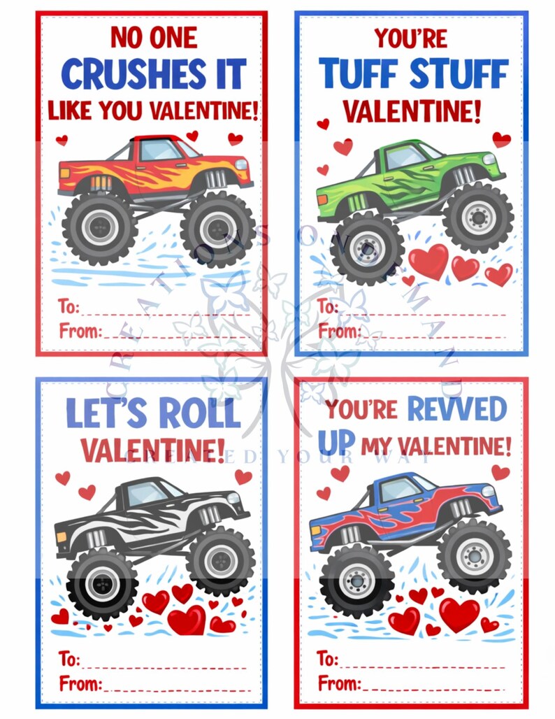 Monster Truck Valentine Cards for Kids, Printable Valentine’s Day Cards ...