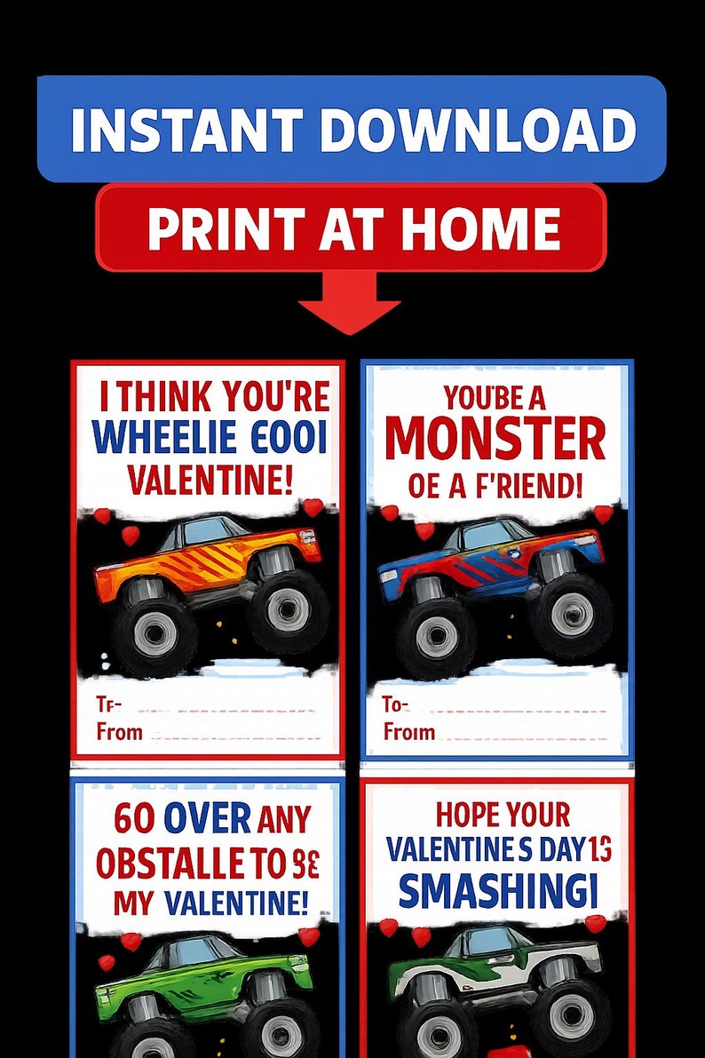 Monster Truck Valentine Cards for Kids, Printable Valentine’s Day Cards ...