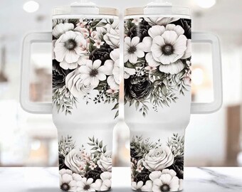 40oz Tumbler with Handle Black Floral Insulated Stainless Steel Quencher Dupe Gift for Her Spill Proof